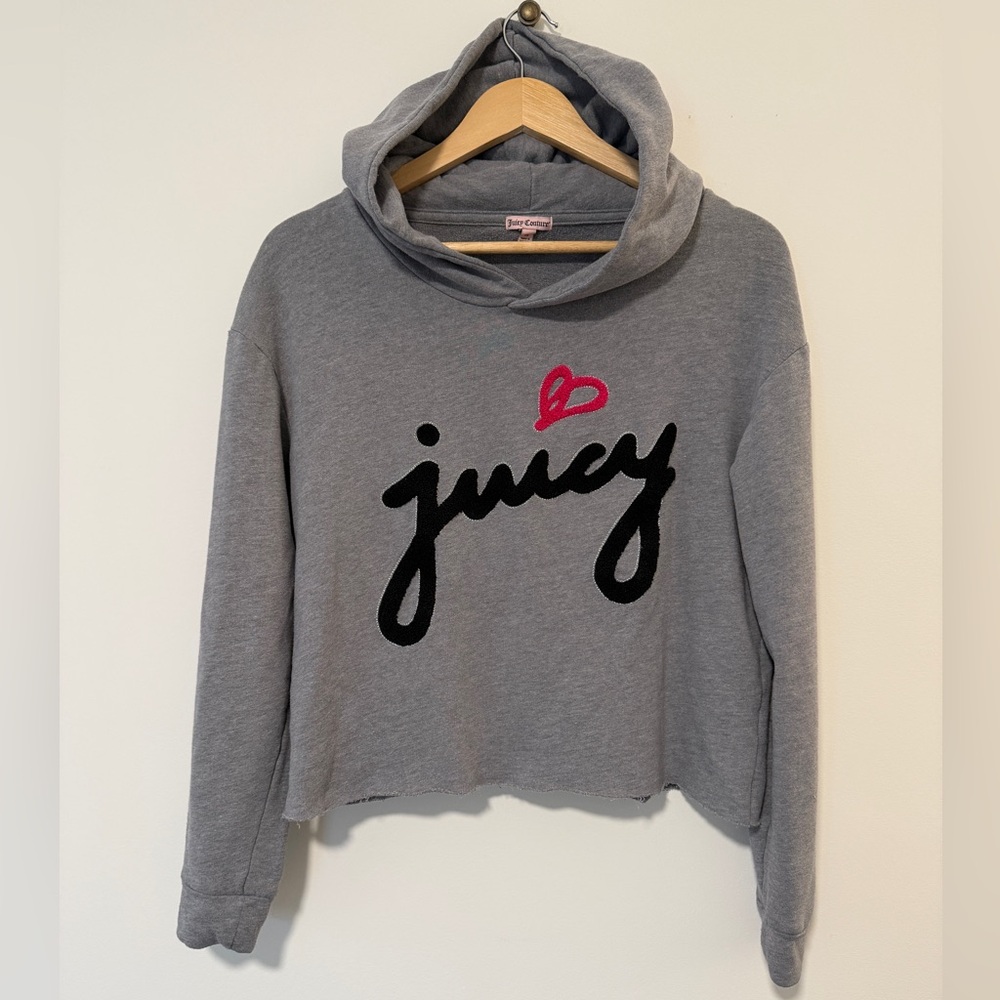 Juicy Couture Gray Terry Crop Hoodie with Black and Pink Accents.